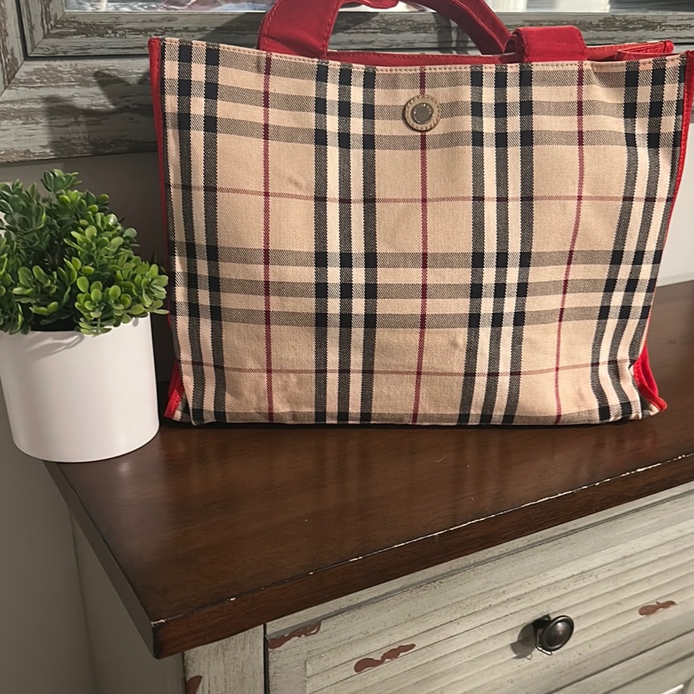 Burberry Cream and Red Tote Bag with Iconic Design
